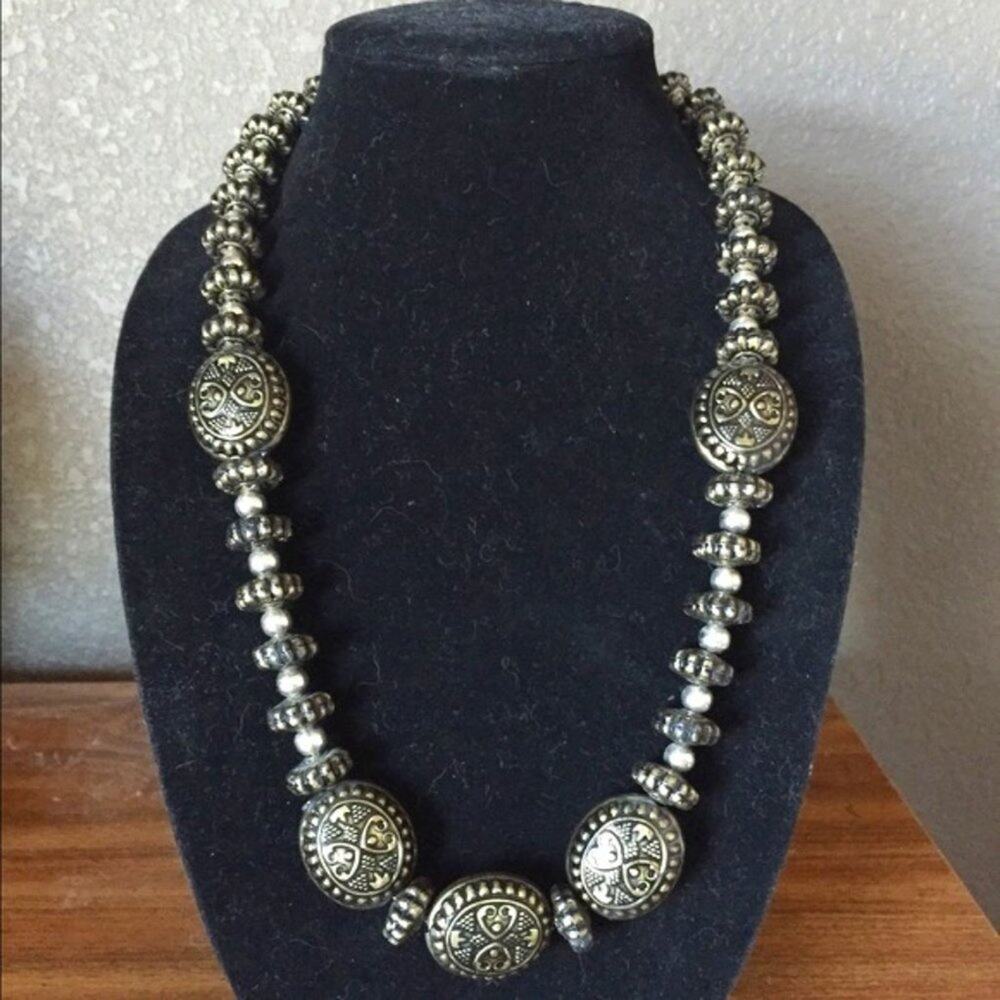 Beaded Tribal Design Black Bronze Necklace EUC Bohemian Medallion Rustic Indie